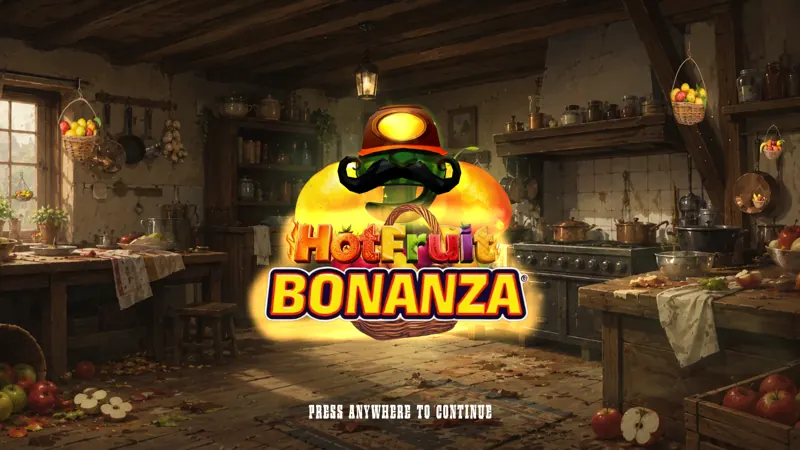 Hot Fruit Bonanza title screen: the game logo over a rustic farmhouse kitchen