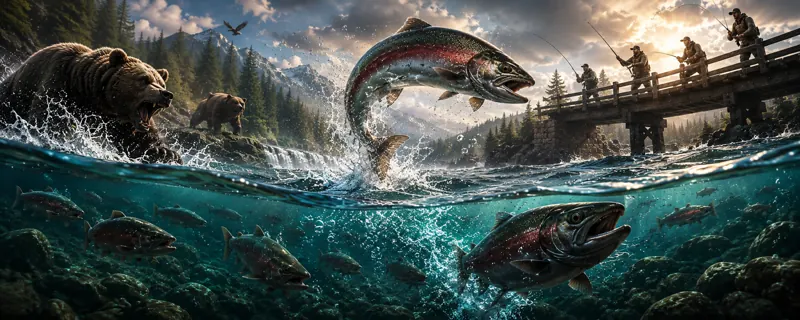 Salmons key art: a salmon leaps from a mountain river while bears wait on the bank and fishermen cast from a bridge