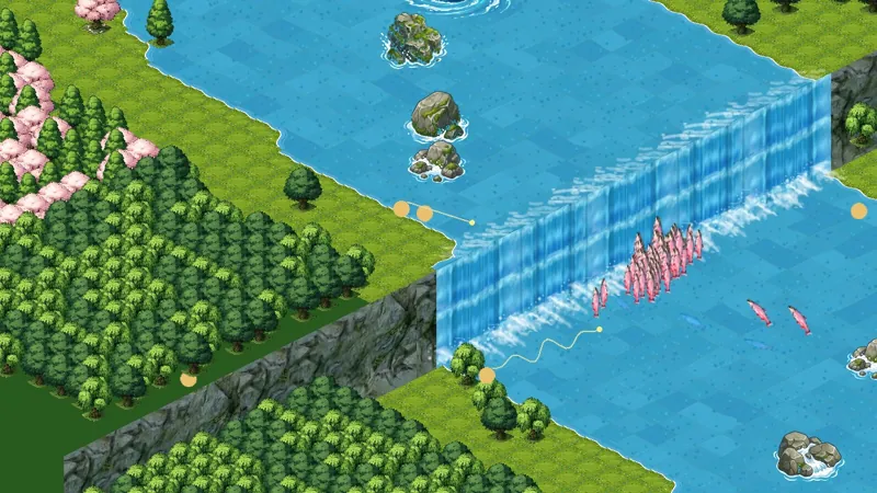 Dozens of salmon piling up to climb a waterfall while fishermen on the bank cast their lines